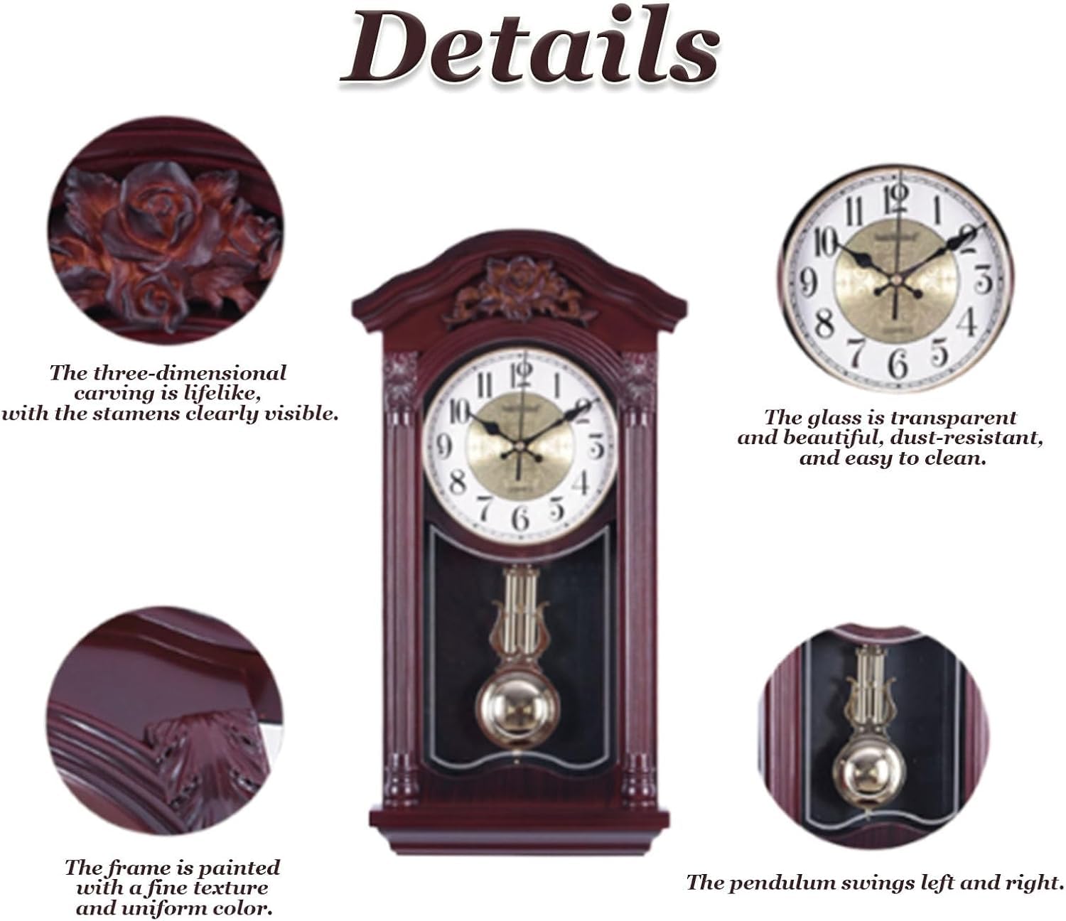 Reloj de pared con péndulo, acabado de caoba con campanillas cada hora para sala de estar, oficina, decoración del hogar
