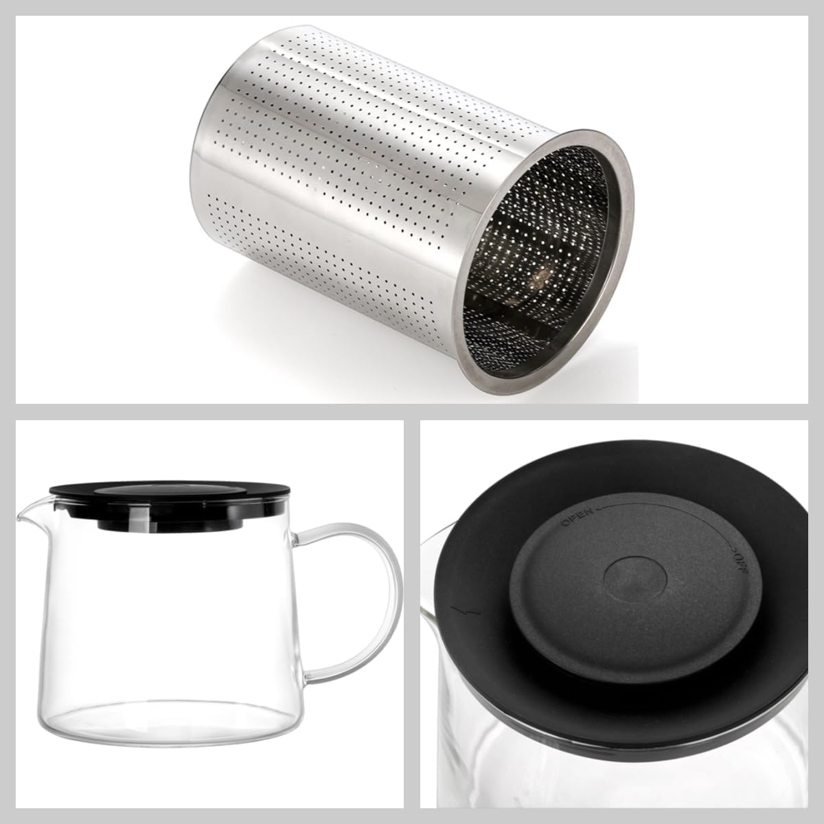 OCEANO Teiera in Vetro Borosilicato 1,5l Resistente al Calore Adatto Fornello Gas Colino The Filtro Acciaio Rimovibile Coperchio Infusore Fiamma Viva Caraffa Termica per Tè Polvere Infusi Erbe Foglie