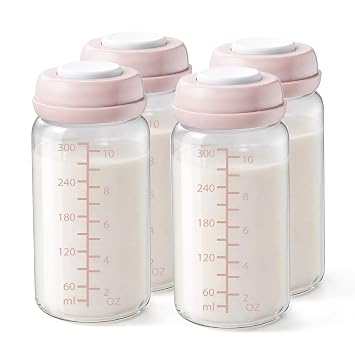 4PCS Breastmilk Storage Bottle for Momcozy 22oz Breast Milk Cooler, Wide Neck Breastmilk Collection Compatible with Spectra S1/S2/9 Plus/SG/Motif Luna, Certain Philips Avent Nipples, 10oz/300ml, Pink