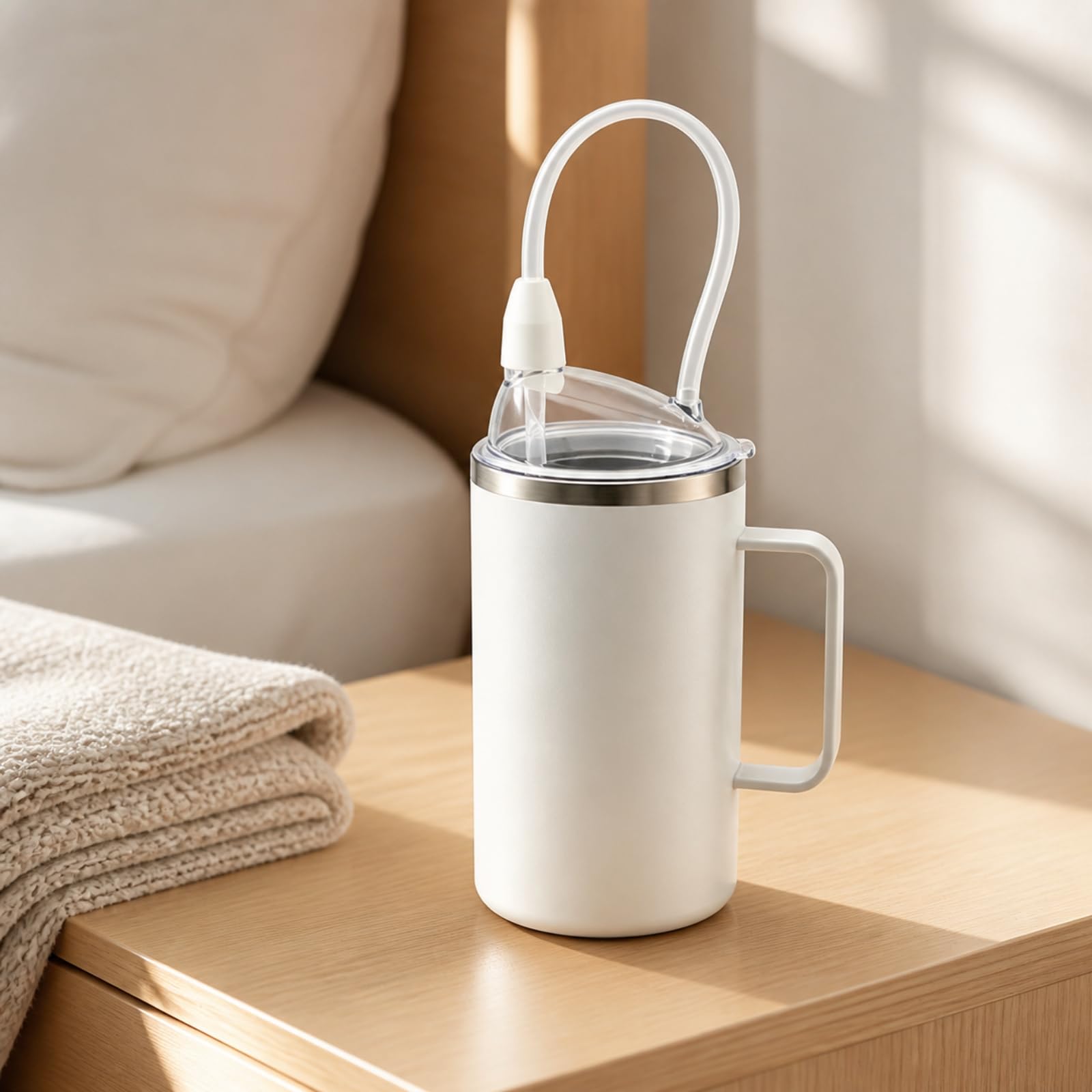 Bicchiere con Cannuccia, 珍珠白, 650ml | Impugnatura Laterale Ergonomica, Tazza da Degenza con Coperchio Trasparente, Acciaio Inox, Stoviglie, Anziani
