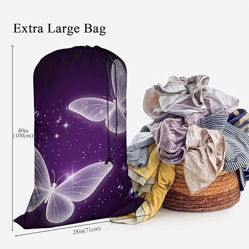 Miniatura 3 de Swono Bolsas de lavandería con diseño de mariposas moradas de 28 x 40 pulgadas, cesta de lavandería mágica con destellos de animales voladores,