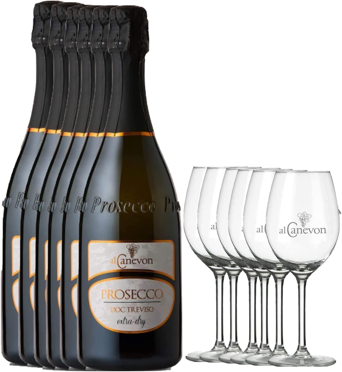 Prosecco DOC Treviso Extra Dry Al Canevon – Confezione 6 Bottiglie da 750 ml con 6 Calici Omaggio – Vino Spumante Italiano, Ideale per Aperitivo, Brindisi e Regalo