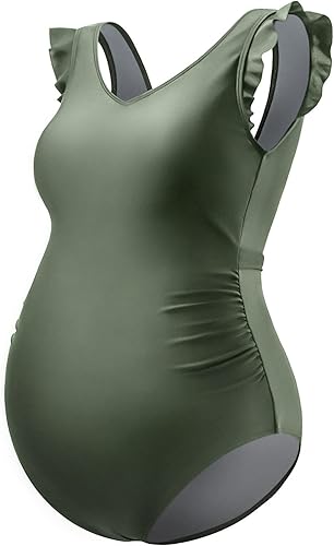 DEBELLY Traje de baño de una pieza de maternidad con mangas con volantes y espalda en V para mujer, traje de baño con diadema