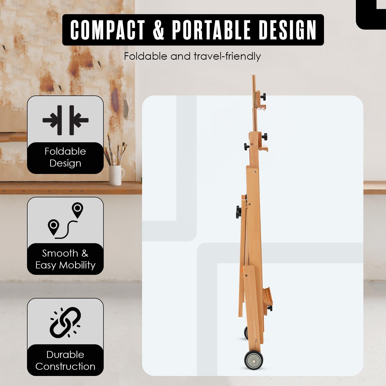 Houseables Easel for Painting, H Frame Easel, Painting Stand, Floor Standing, for Large Canvas, Adjustable, Tilt Flat, Rolling Wheels, Wood, Studio, Adults, Painters, Arts & Crafts, Fits 80” Canvas