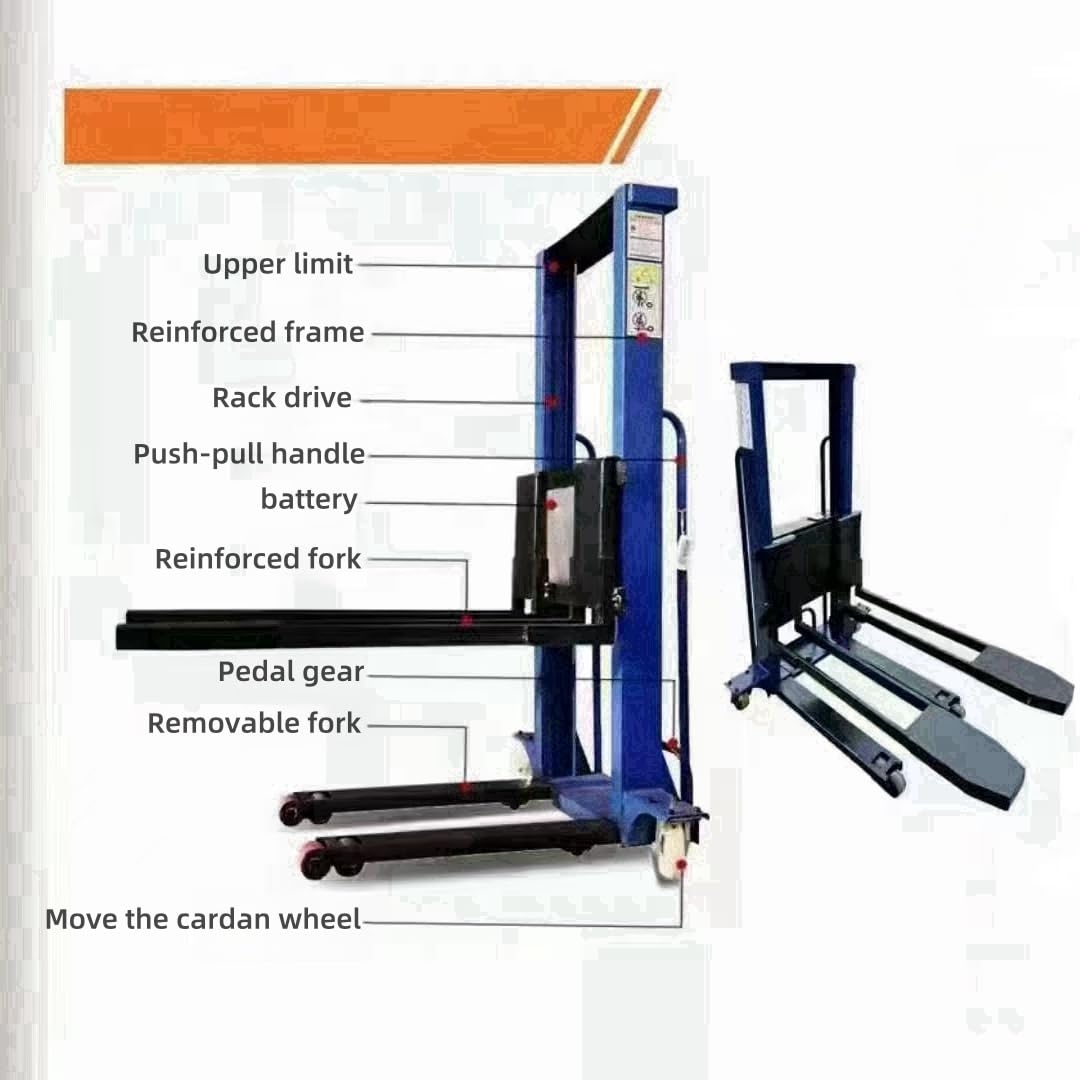 Carrello elevatore elettrico con sollevamento idraulico, portata 800 kg, altezza massima di sollevamento 160 cm, movimentazione efficiente dei materiali, design salvaspazio per magazzini e logistica