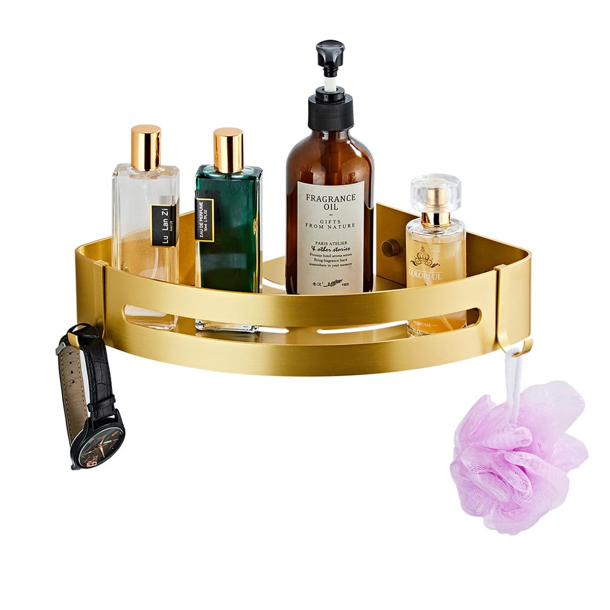 Hoinerus Brushed Gold Bathroom Corner Shelf Wall Mount Shower Organizer Shampoo Holder with Hooks Adhesive or Drilling