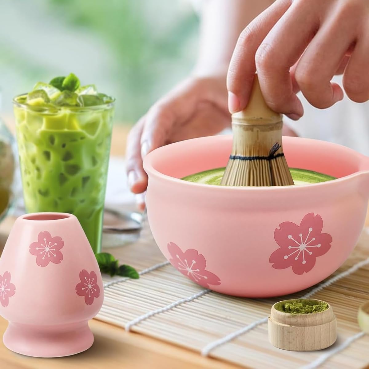 zestaw Matcha Set Pink Sakura Ceramic Matcha Bowl, 500ml Ceramic Chawan do przygotowywania Ursi, Koicha