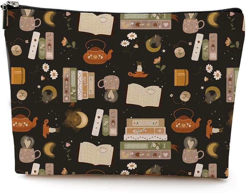 Necessaire de maquiagem NGZS BookCoffee em lona com estampa dupla