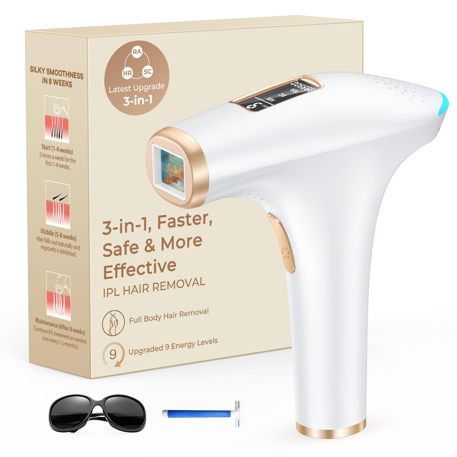 Haarlosy Epilatore Luce Pulsata IPL, 3-in-1 HR/SC/RA Epilatore Laser per Donna e Uomo, 9 Livelli di Energia Regolabile Adatto Depilatore Corpo, Viso, Ascelle, Gambe (Bianco)