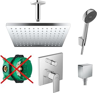 Hansgrohe Duschsystem mit Unterputz Duscharmatur von Hansgrohe Regendusche mit Armatur, Duschkopf eckig, Deckenarm Dusch-SET HGK02-ob poliert