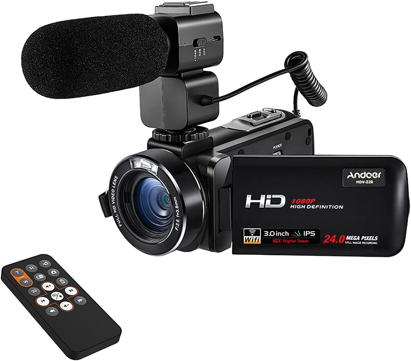 Morelian HDV-Z20 1080P Full HD 24MP WiFi Digital Video Camera Camcorder with External Microphone 3.0" Rotatable IPS Touchscreen Remote Control Support IR Lamp 16X Digital Zoom