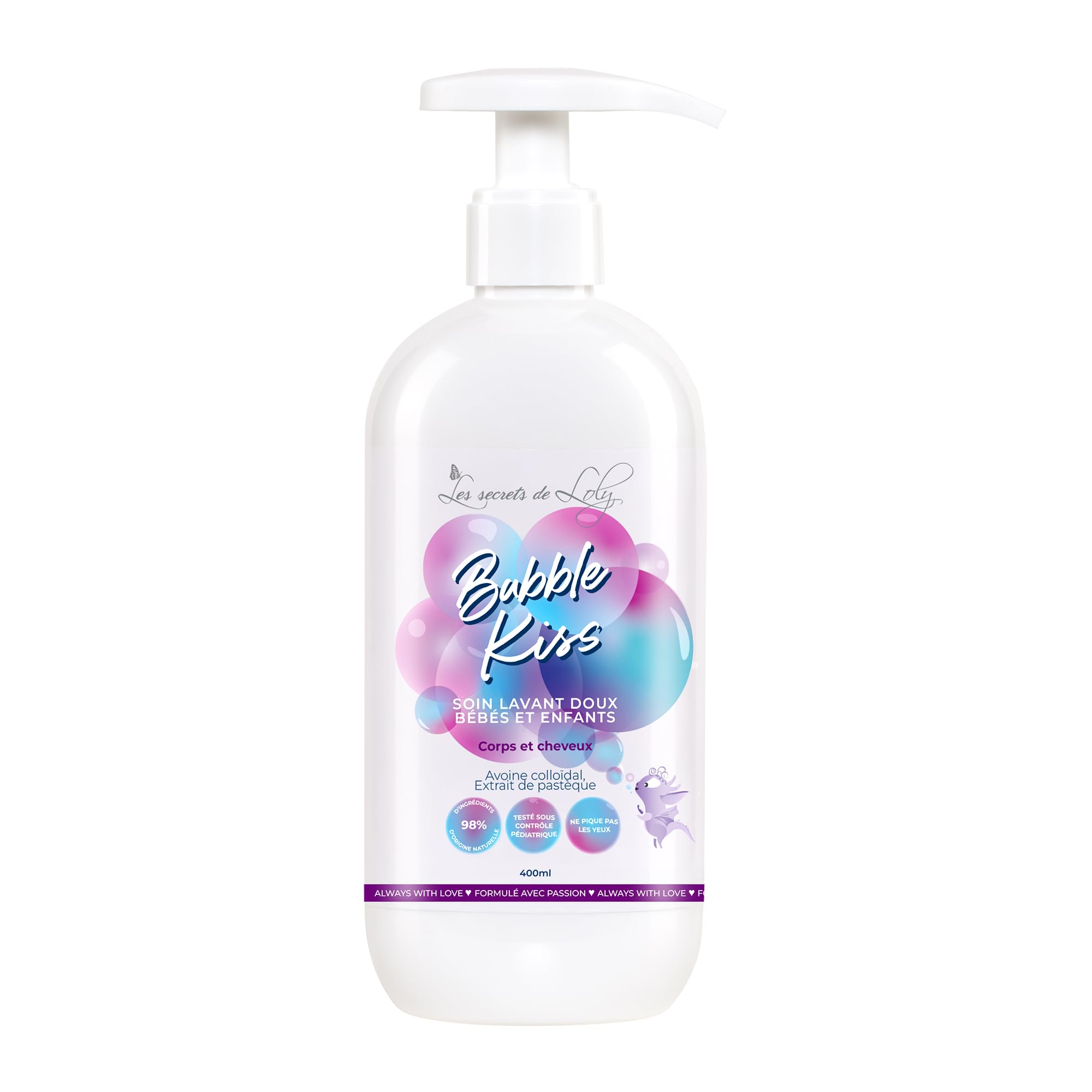 Les Secrets de Loly – Bubble Kiss – Soin lavant bébé 2-​en-​1 corps & cheveux Ultra-​doux – Peaux sensibles & cheveux texturés (dès la naissance) – 98% d'origine naturelle – 400 ml