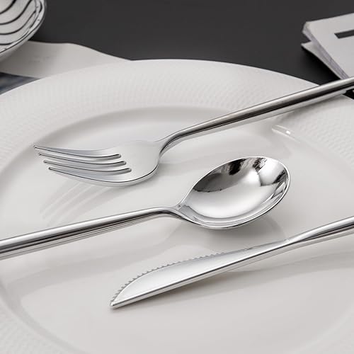 Miniatura 4 de LIYH 102 piezas de cubiertos de plástico plateado  Juego de cubiertos de plástico de alta resistencia, utensilios desechables, cuchillos, tenedores,