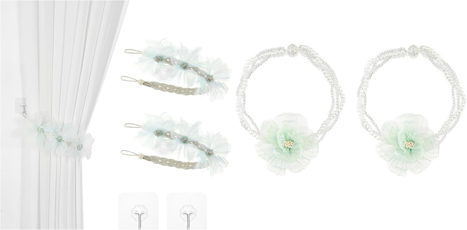 SUQ I OME 1 Pair of Curtain Tiebacks, Elegant Pearl Beaded Magnetic Curtain Tieback with Handmade Flower Decorative Drapery Holdbacks Rope Holder for Home,