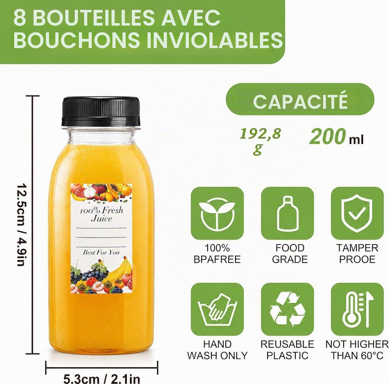 Lot de 8 bouteilles de jus en plastique sans BPA de 200 ml avec couvercles inviolables, idéales pour les fêtes, les pique-niques, les activités de plein air