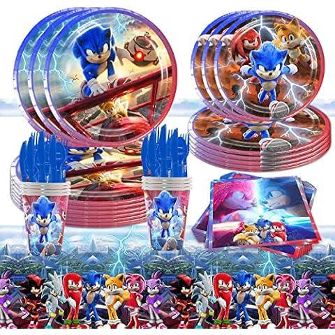 Children's birthday tableware set, Sonic paper cups birthday, party tableware birthday, Sonic party tableware, includes plates, cups, napkins, tablecloth, for children's birthday, party decoration Cover