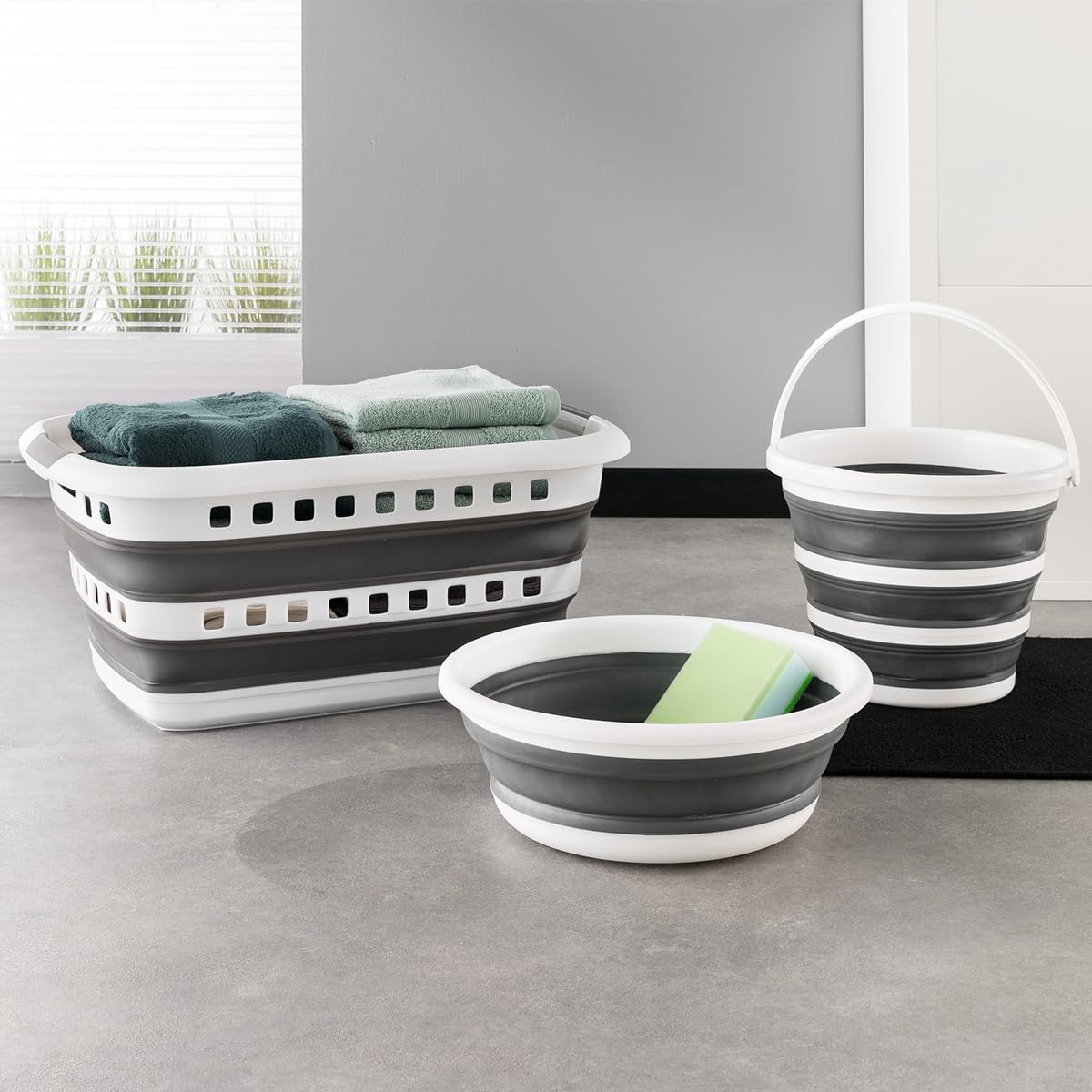 5 five simply smart 5five - Cesto de Ropa plegable de 45 l - 3 asas ergonómicas - Cesto de Ropa retráctil Rectangular - Gran capacidad - Gris y Blanco