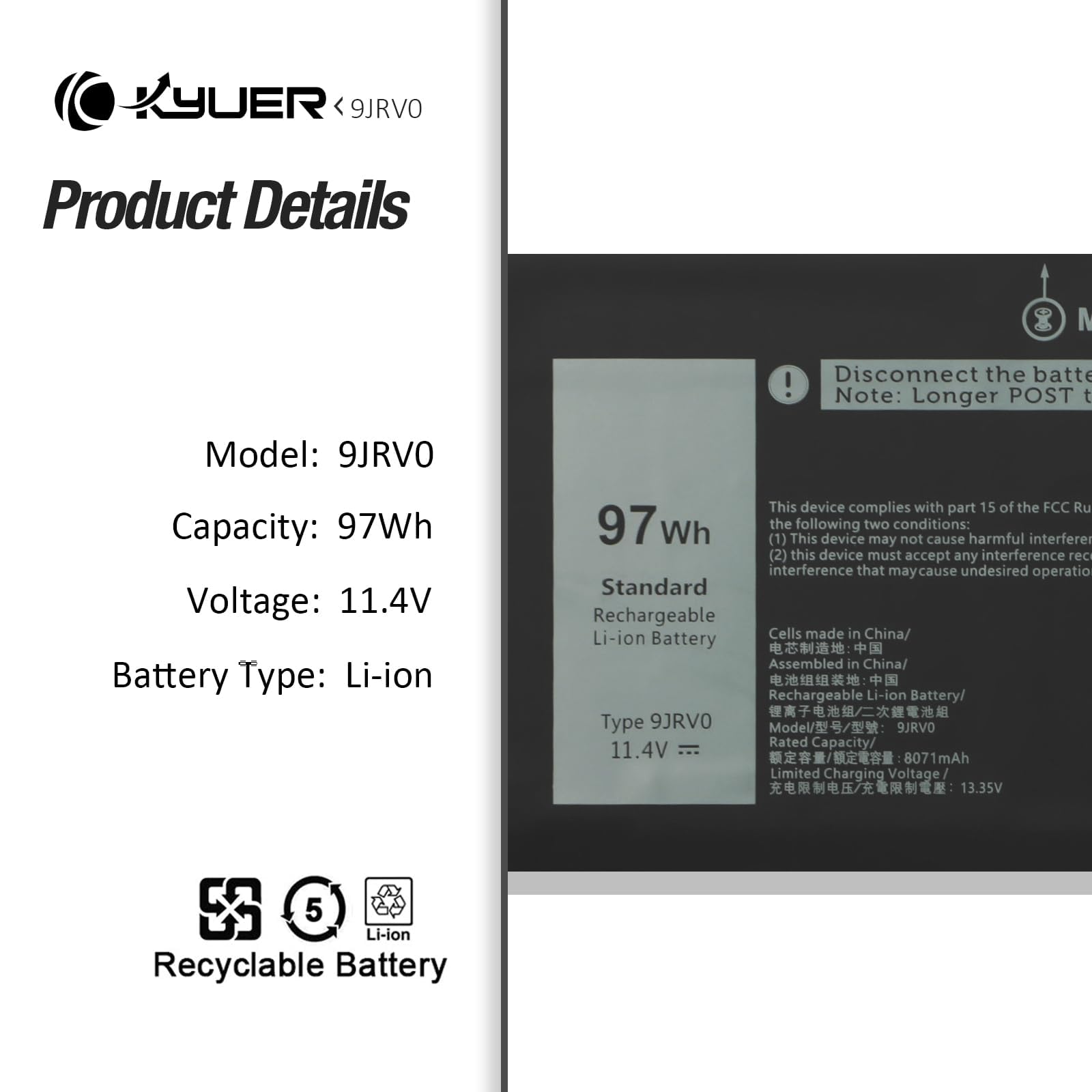 9JRV0 Batterie pour Dell Latitude 15 5521 5531 Precision 3561 3571 3581