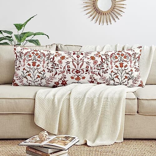 Image of Sweet Jojo Designs Ivory Orange Boho Vintage Floral Women Girl Body Pillow Cover Case Decorative Accent Long Couch Kids Bed Pregnancy Pillowcase 54x20 - Bohemian Wildflower Botanical Farmhouse Fringe