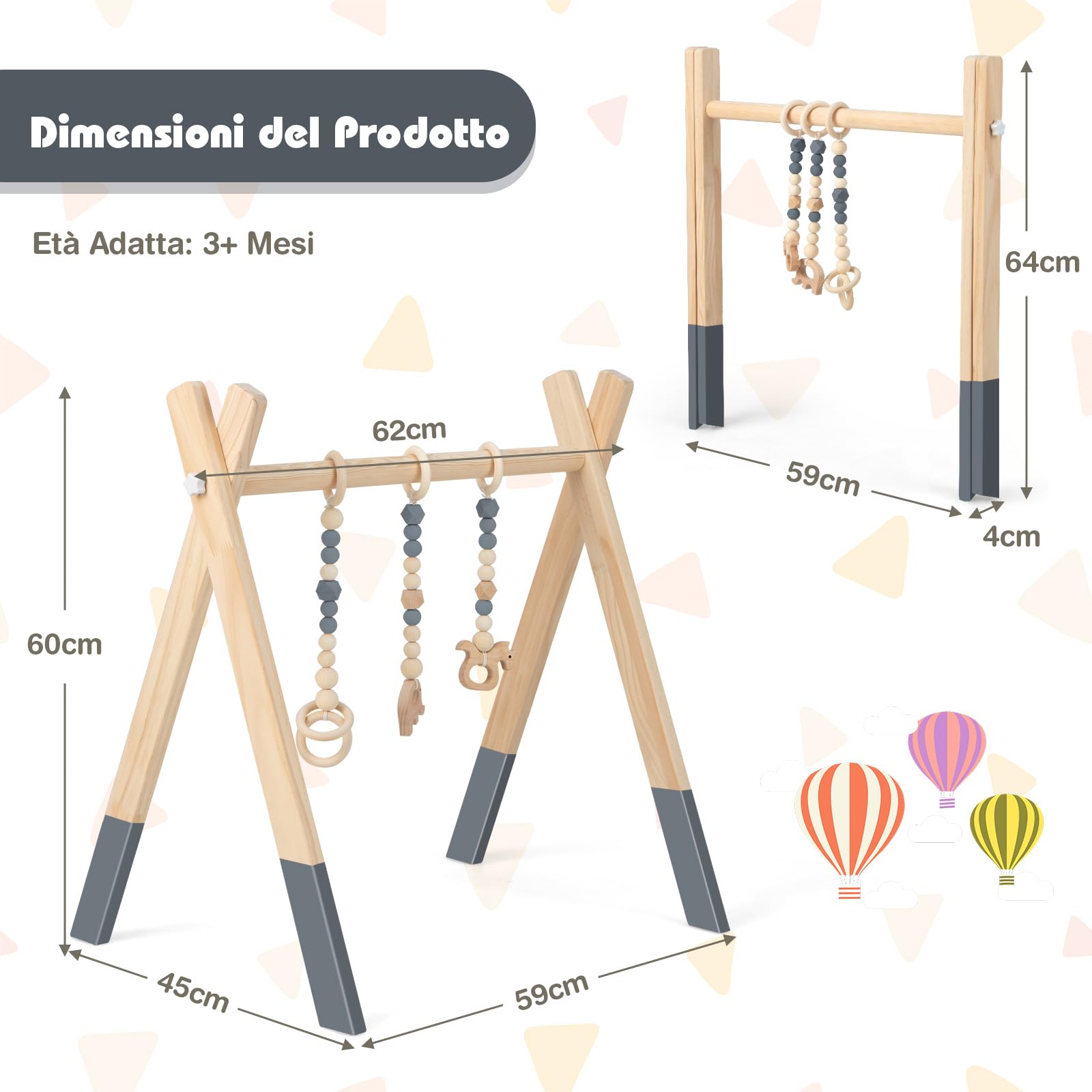 COSTWAY Palestrina Bambini in Legno, Giocattolo a Trapezio Pieghevole Neonati, Montessori Arco da Gioco, per Bambini 3+ Mesi (Grigio)