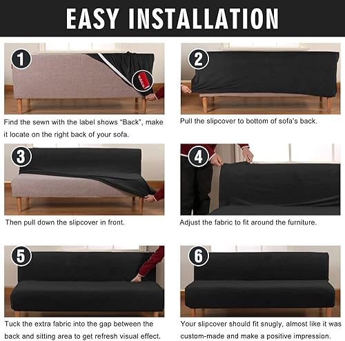Miniatura 4 de ele ELEOPTION Funda de sofá cama sin brazos de 3 asientos, funda elástica, terciopelo más grueso, tamaño completo, plegable, fundas de sofá,