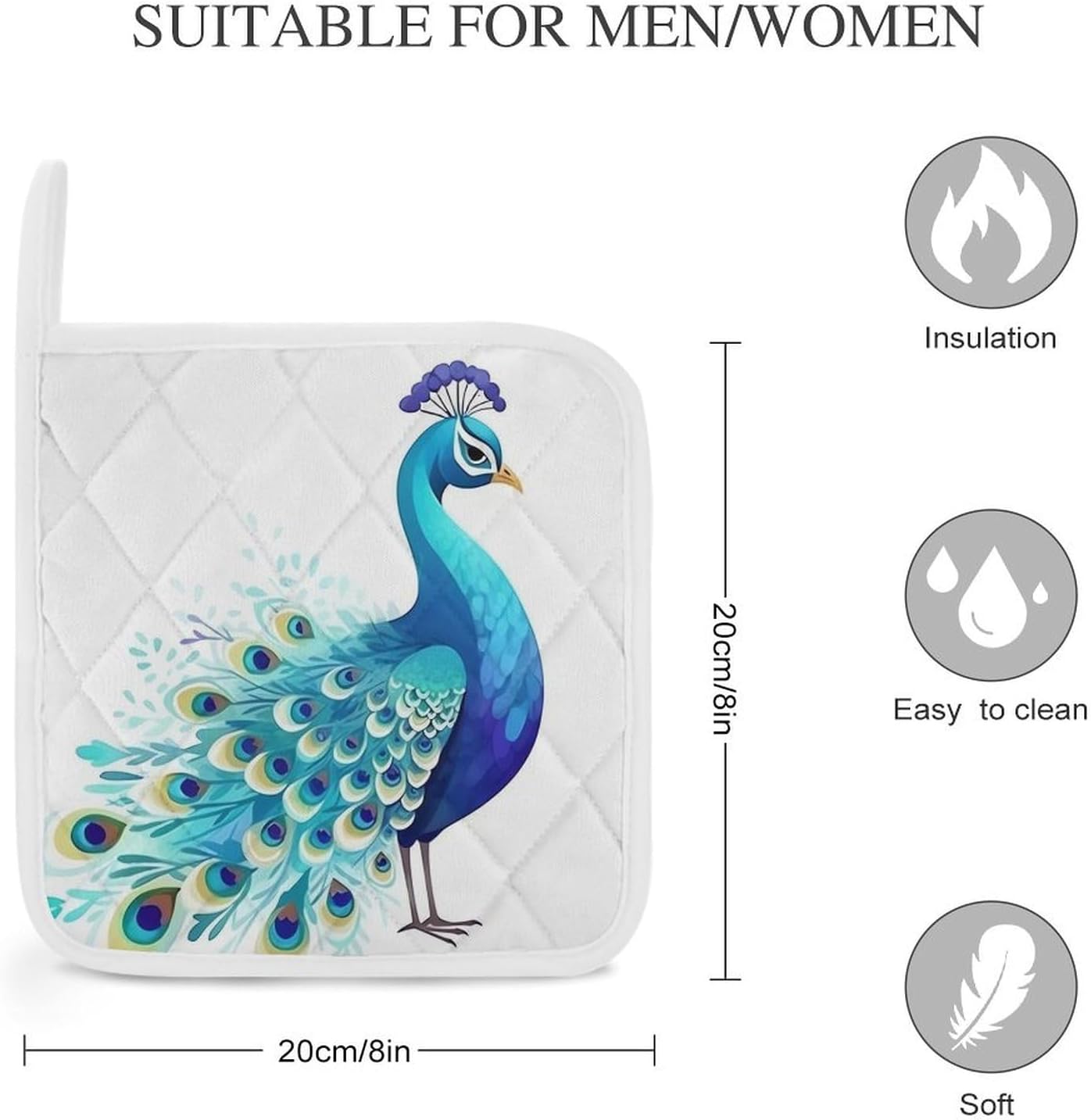 Square Potholders 2-Piece Set,Cartoon Blue Peacock Printed Kitchen Insulation Mats Heat-Resistant Non-Slip Insulation Mats with Hanging Rings for Kitchen Cooking Baking BBQ