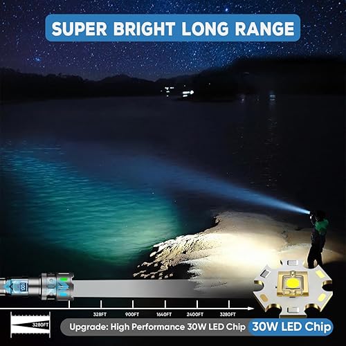 Miniatura 2 de Linternas recargables - Linterna LED de 30 W de alto lúmenes, 5 modos de luz de toch súper brillante, largo alcance, 3280 pies, potente luz de flash