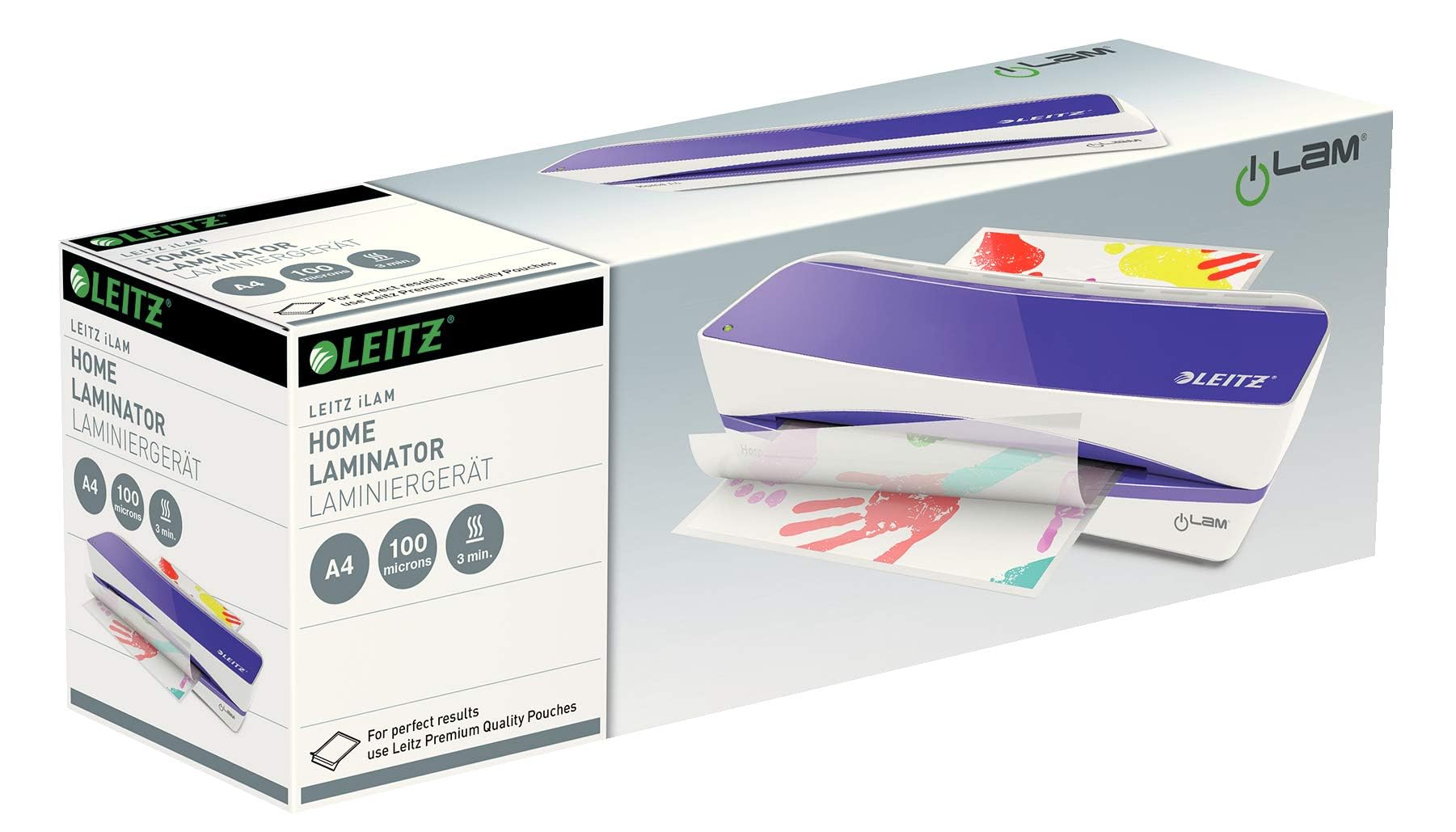 Leitz Laminator A4, do folii do laminowania od 80 do 100 mikronów, idealny do domu w salonie lub własnym biurze, domowym biurze, fioletowym, iLAM Home A4, 73660065