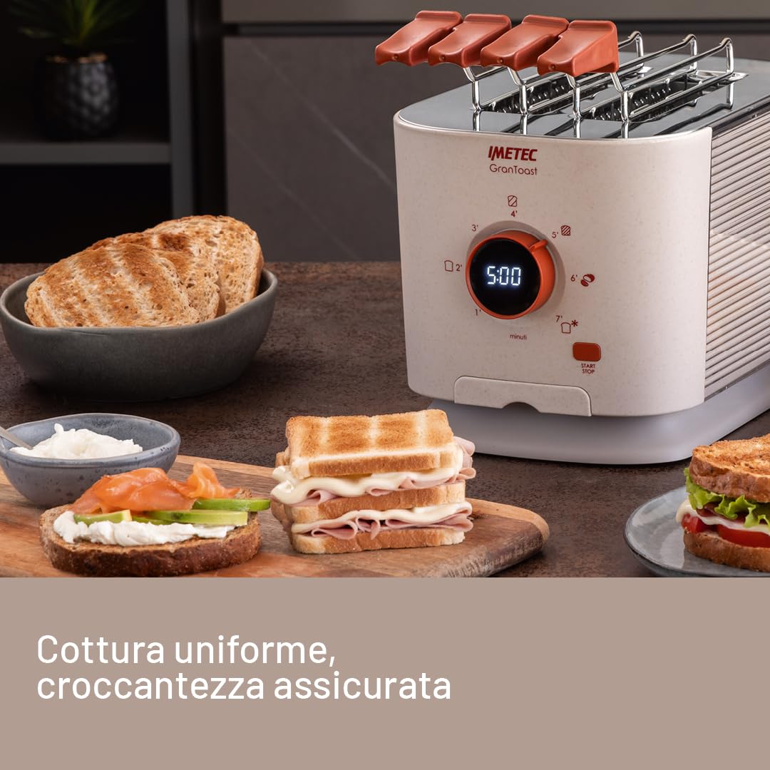 Imetec Grantoast - Tostapane 2 Fette XL con Pinze Apribili per Toast Farciti - 7 Livelli Doratura, Facile Pulizia, Display LED, Griglia Scalda Brioche, Pizzette e Focacce, Timer Digitale, Acciaio Inox