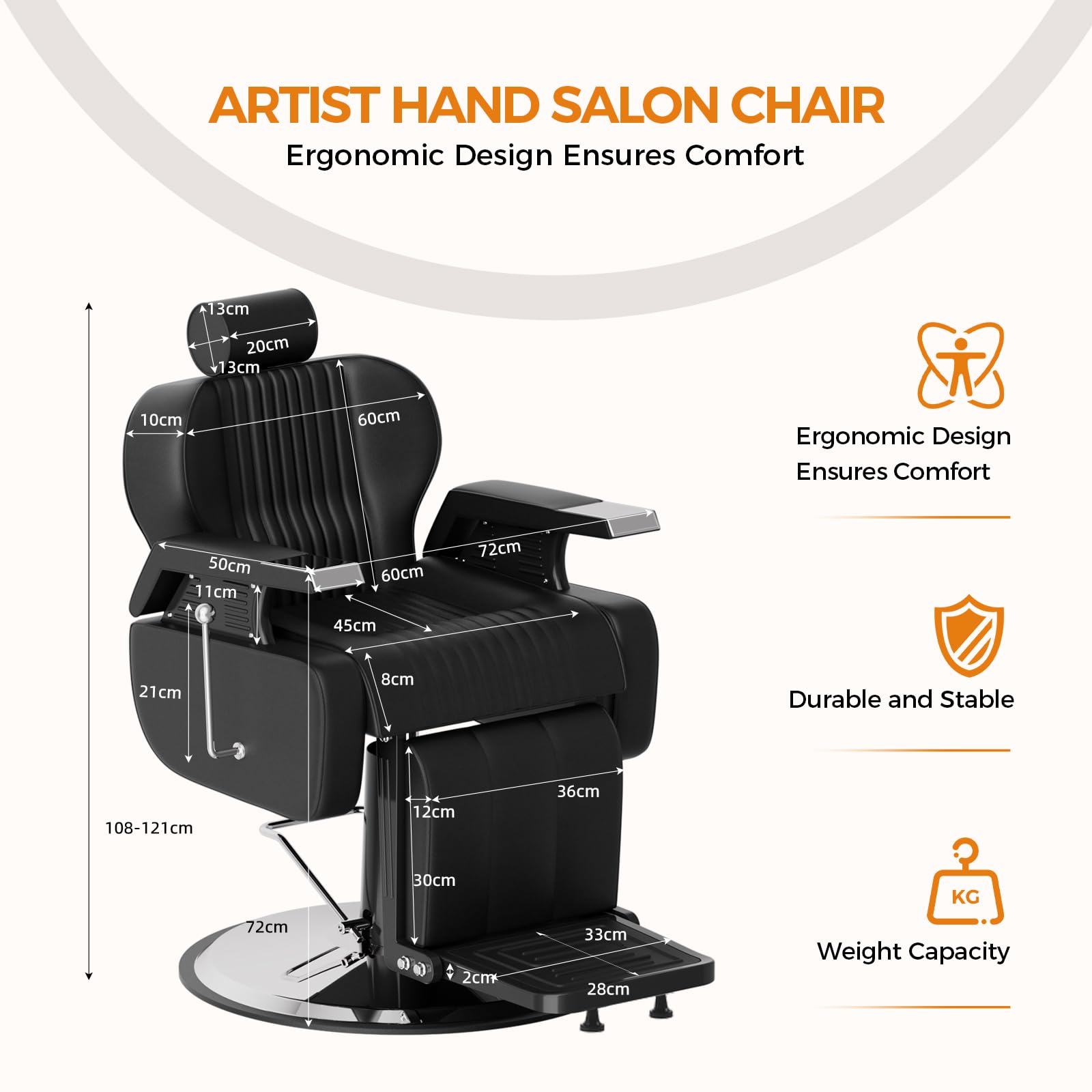 Sillón de Peluquería Silla de Peluquero Hidráulica Reclinable Barber 360° para Salón Professionale, 60 x 55 x 108-121 cm, Negro