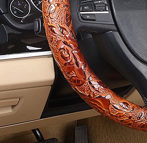 Miniatura 4 de Funda para volante de auto de cuero, antideslizante, universal, 15 pulgadas, marrón con grano de cocodrilo y veta de rosa