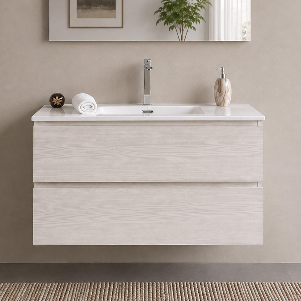 Yellowshop | Mobile Bagno Sospeso CLOE - Composizione Completa con Lavabo Ceramica, Chiusura Soft Close, Finitura Frassino Moirè (70 cm, Mobile con Lavabo)