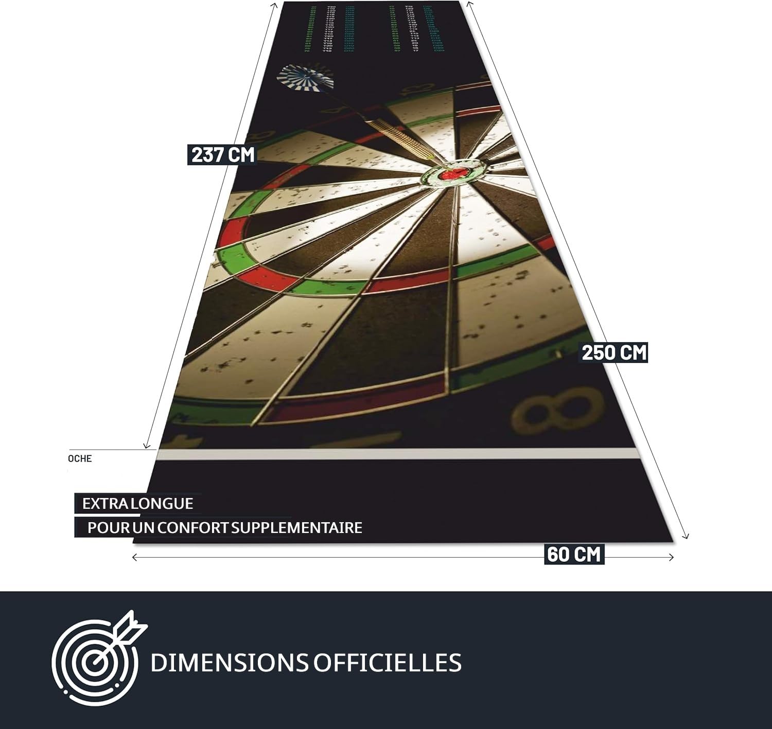 Studio M - Tapis de fléchettes avec Oche 57x270 cm – pour fléchettes en Acier – avec Ligne de Lancer, à partir de 237 cm - avec Tableau de Checkout – antidérapant – Noir