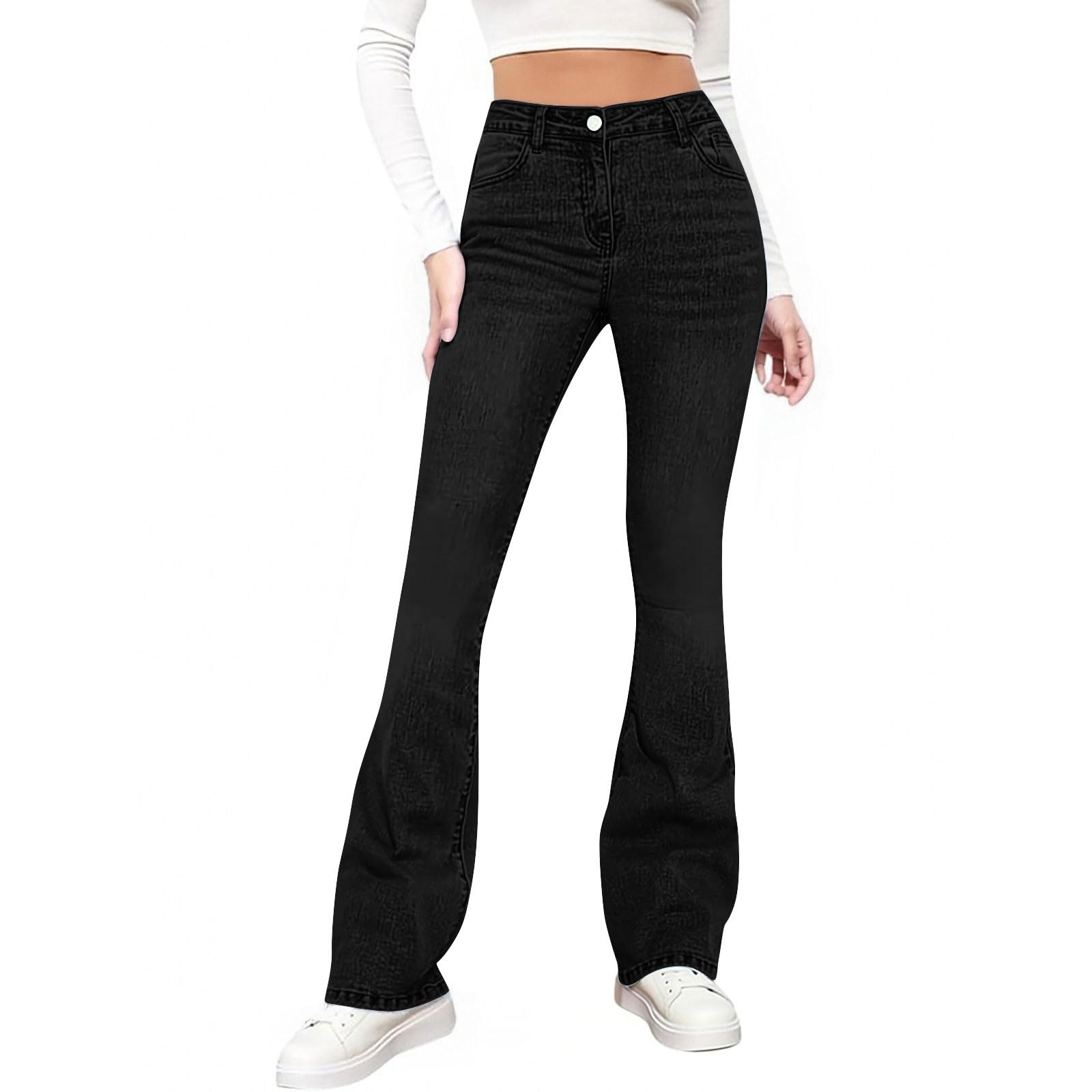 HUYTERTDR Flared Jeans for Women Stretchy High Waist Skinny Denim Trousers Tummy Control Bootcut Pants Casual Denim Jeggings with Pockets Comfort Bootcut Jeans Legging for Women Bell Bottom