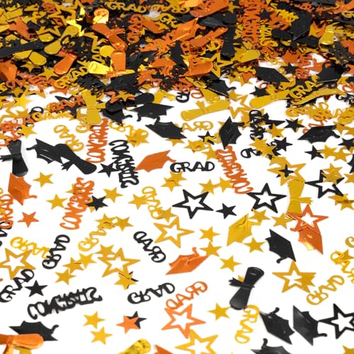 Image of Orange Gold and Black Graduation Confetti 2026, 1000 Pcs Congrats Grad Confetti Class of 2026 Party Table Centerpiece for 2026 Graduation Party Decorations