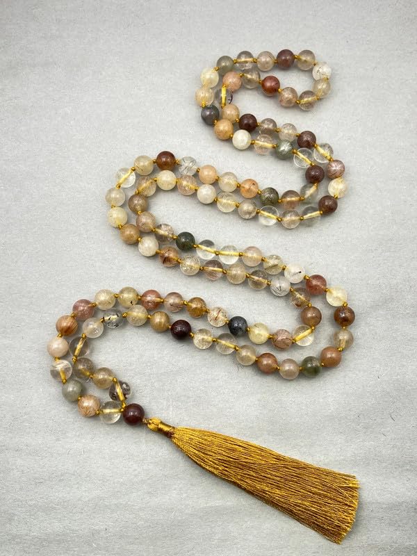 Natural AAA Cuarzo Rutilado Dorado Mala, Collar de Oración, Mala Tibetano, Mala Anudada de 6mm, Mala de Cuarzo Rutilado de 108 Cuentas, Mantra Japa Mala