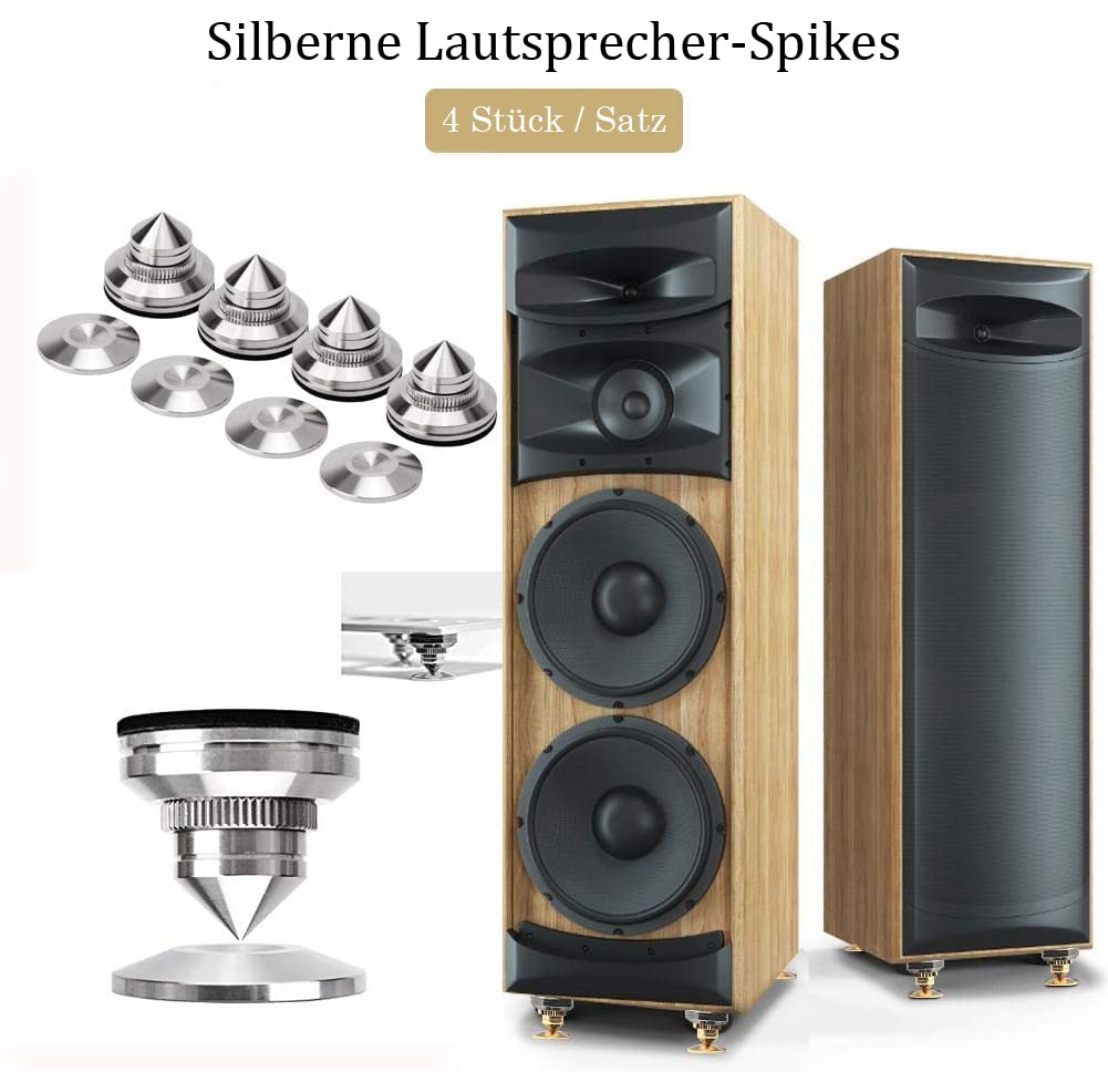 4 sztuki kolców głośnikowych z regulacją wysokości ze stali nierdzewnej HiFi amortyzator nóżek do subwoofera, gramofonu, wzmacniacza CD DVD, kolor srebrny