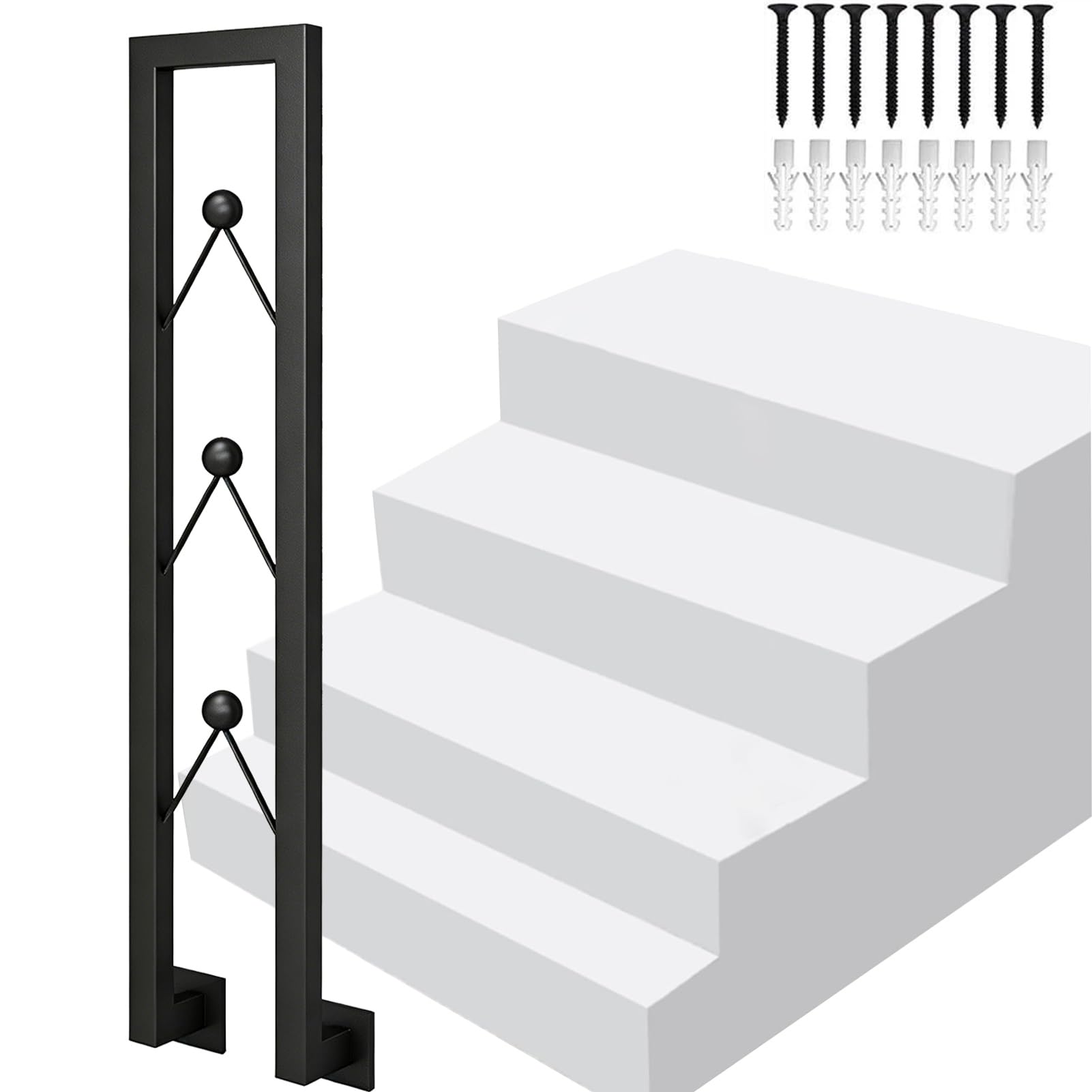 Stair Railing with Installation Accessories | Porch Handrail Picket for Outdoor Indoor Fit 1 Step | 1-Pack Support Rod - Metal Wrought Iron(85cm/33in)