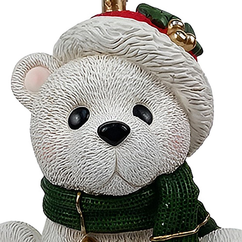 Base per Albero di Natale Orso Bianco Seduto Sciarpa Verde e Stella Oro Supporto Piede Decorazioni Natalizie Bambini Felici