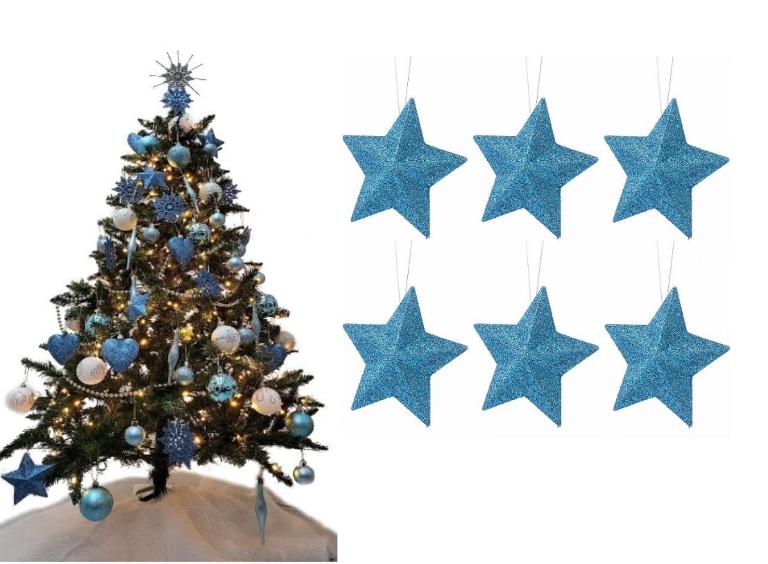 Simply Products Ice Blue Pack Of 6-8Cm 3D Glitter Star Baubles Christmas Tree Decorations (Ice Blue)