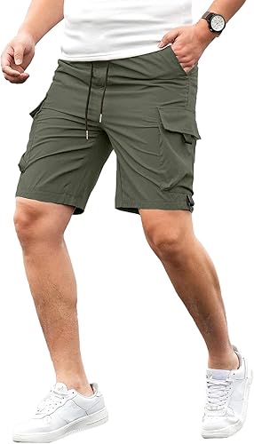 JMIERR Pantalones cortos de carga casuales para hombre, con cordón elástico, cintura elástica, pantalones cortos de verano para playa, trabajo con 4