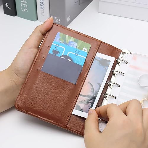 Miniatura 3 de Carpeta de presupuesto de cocodrilo A7, carpeta planificadora de cuero marrón, carpeta de 6 anillos con cierre a presión, sistema de sobres de