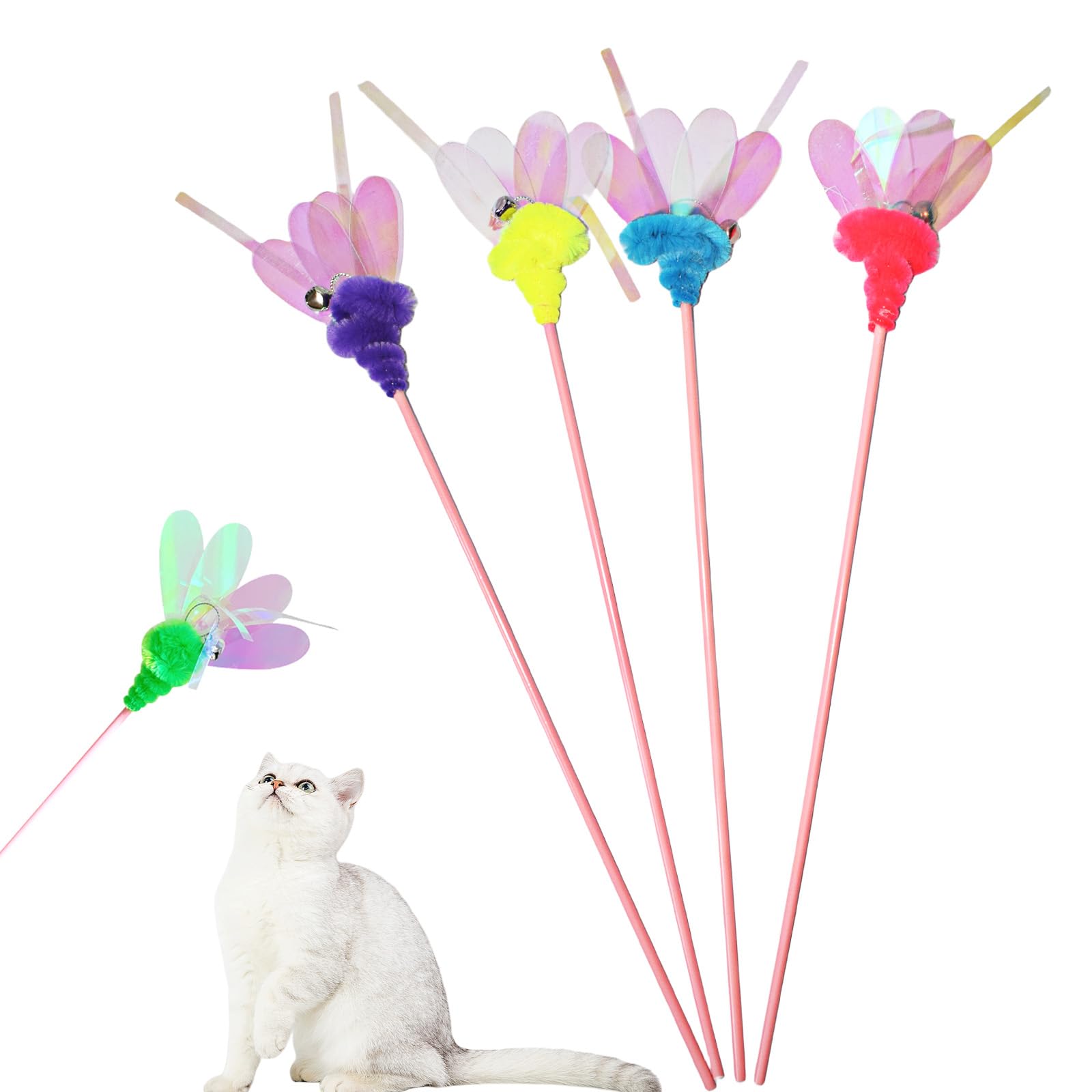 Cat Wand Toy, 4 PCS Insect Kitty Wands Colorful Cat Teaser Wands Interactive Kitten Toys with Bell