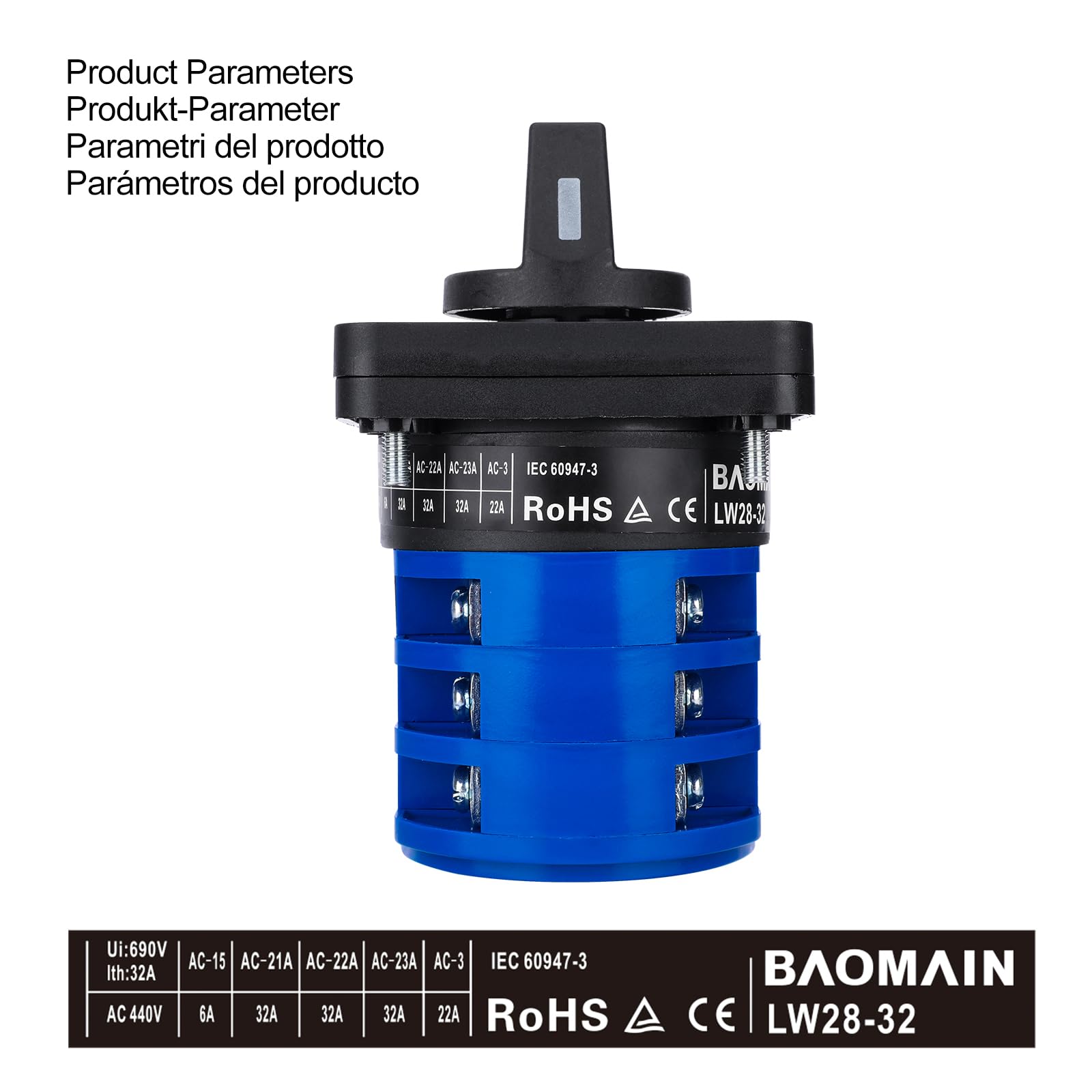 BAOMAIN Commutatore rotativo universale con interruttore principale, alloggiamento esterno, on/off, 690 V, 32 A, 3 posizioni, 3 fasi, approvazioni CE, IP66, LW28-32/D303.3D