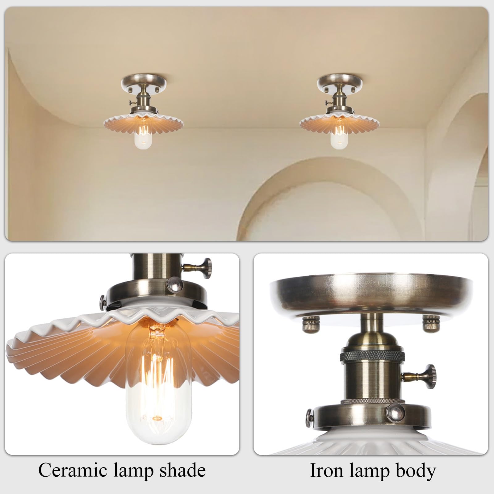 Lampa sufitowa do montażu częściowo podtynkowego - kinkiet ścienny przemysłowa lampa wisząca blisko sufitu | Biały plisowany klosz ceramiczny, oprawy oświetleniowe sufitowe 8.3"(Antique bronze)