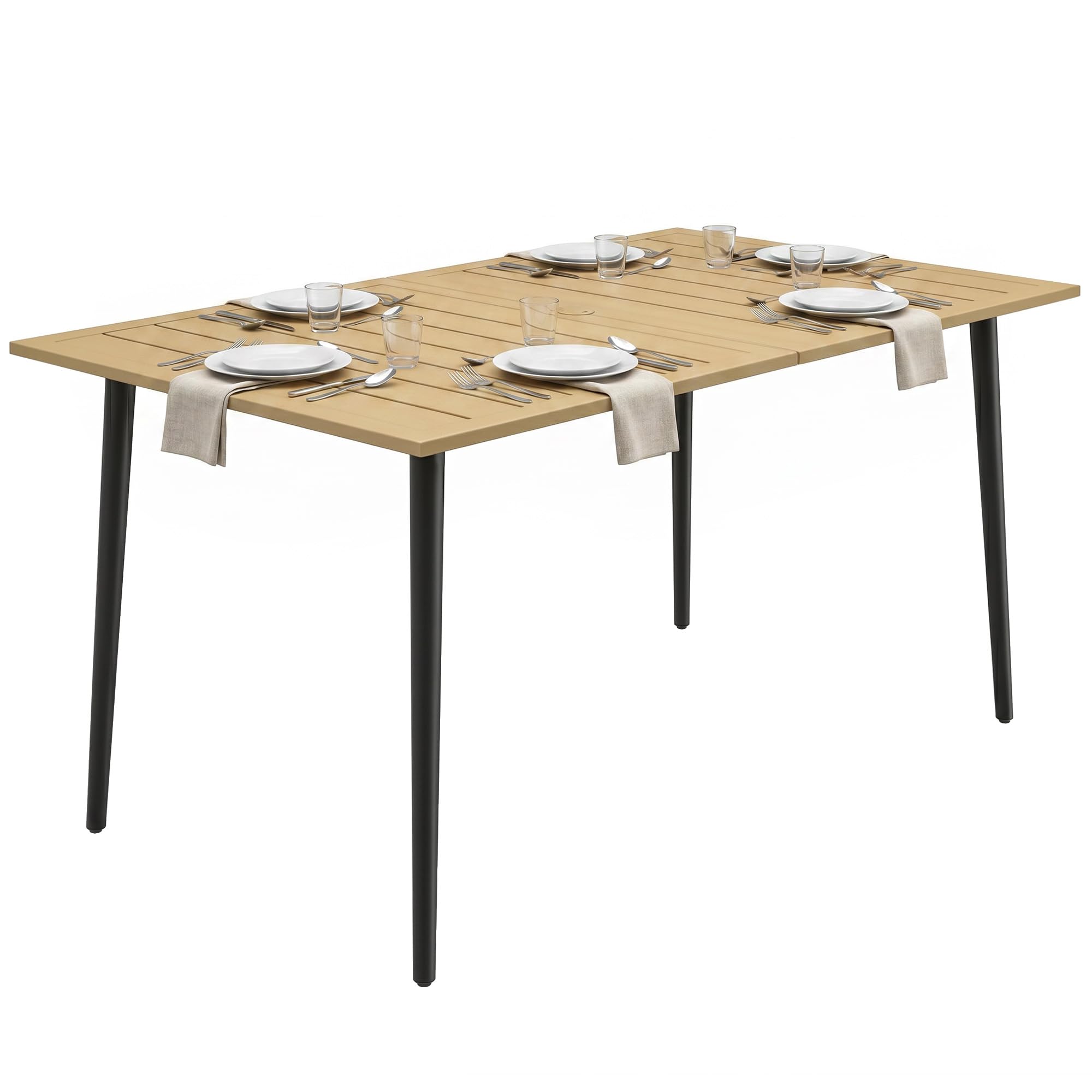 Outsunny Gartentisch 150x90cm Wetterfest Balkontisch mit Schirmloch Braun | Aus Stahl, Lamellendesign, Outdoor Campingtisch, Beistelltisch, Rechteckig, Terrassentisch für Garten Balkon