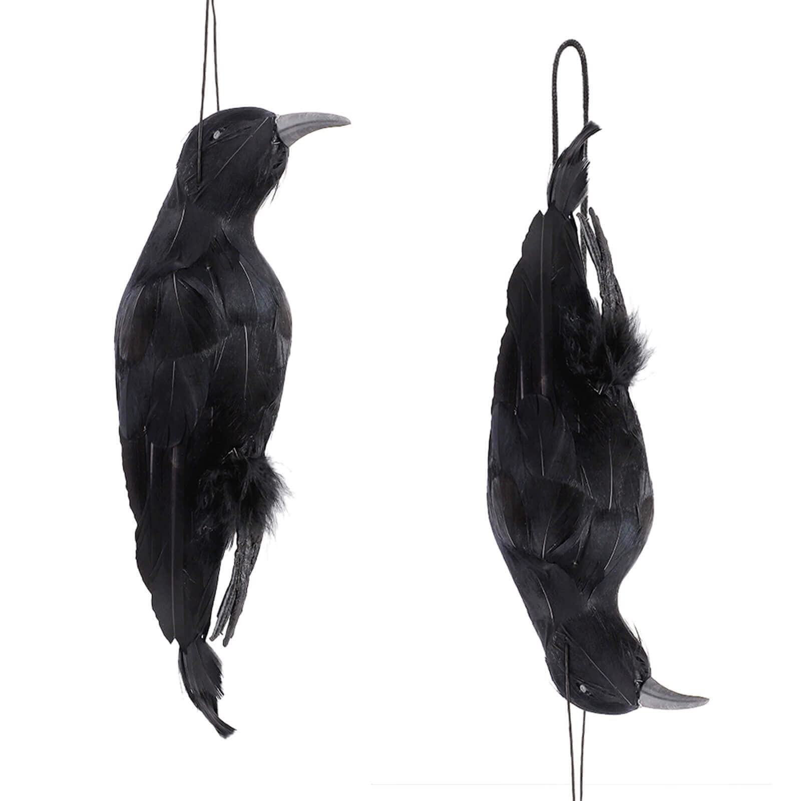 Runolig Black 2 Pcs Halloween Realistic Hanging Dead Crows Decoy 32Cm Lifesize Extra Large Handmade Fake Crow With String Feathered Scare Deterrent Crow For Halloween Party Props Haunted House Decoration