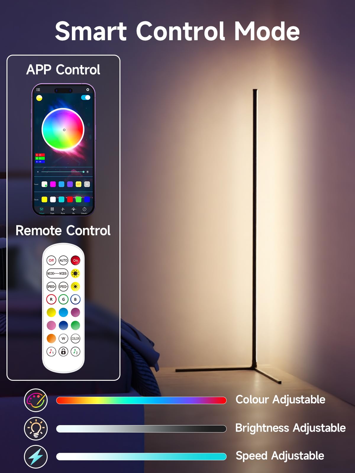 GIPOYENT RGB LED Stehlampe Wohnzimmer, 150cm Ecklampe mit App & Fernbedienung, Musik Sync, 16 Millionen Farben, Dimmbar LED Standleuchte für Schlafzimmer, Gaming Zimmer, Wohnzimmer, Schwarz