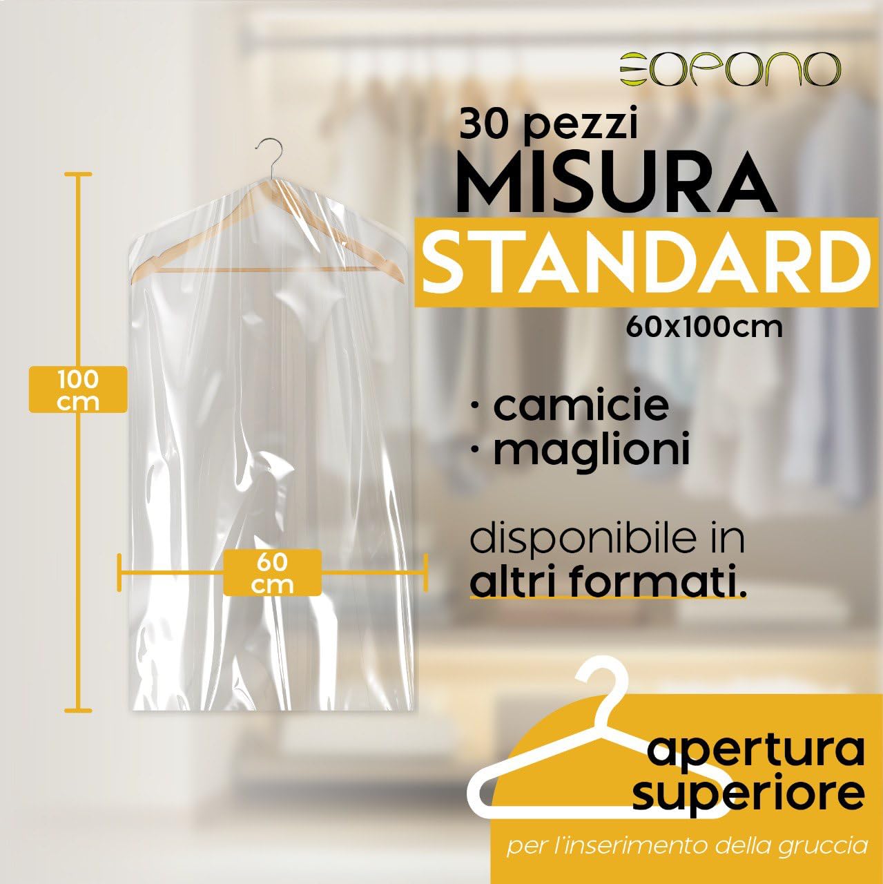 30 Custodie per Abiti 60x100cm Trasparenti - Sacchetti Vestiti Armadio Antipolvere per Tintorie, Giacche e Camicie (30pz 60x100)