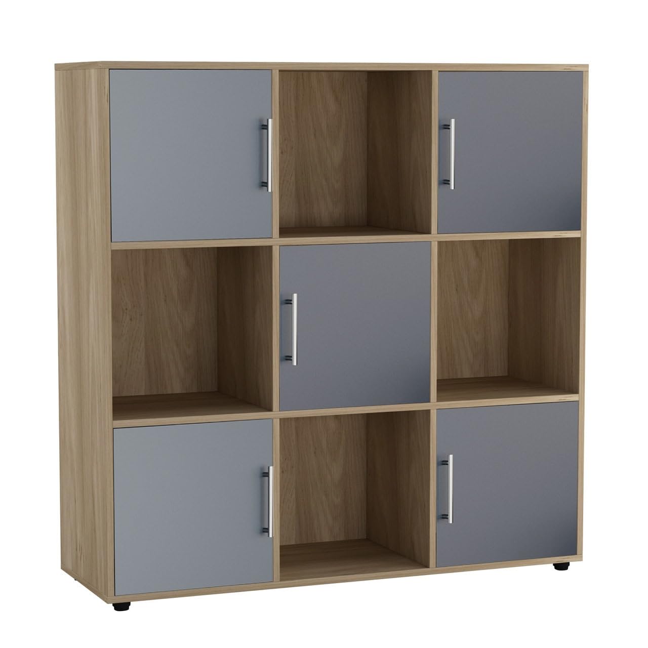URBNLIVING Oak Cube Bookcase With Wooden Door Metal Handle Display Shelf Storage Shelving Cupboardโฆ (Grey Door, 3x3 Cube (9 Cube))